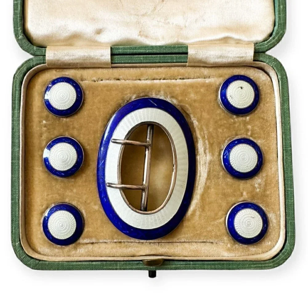 Edwardian Sterling Silver Blue Enamel Buckle and Button Set, Birmingham 1910